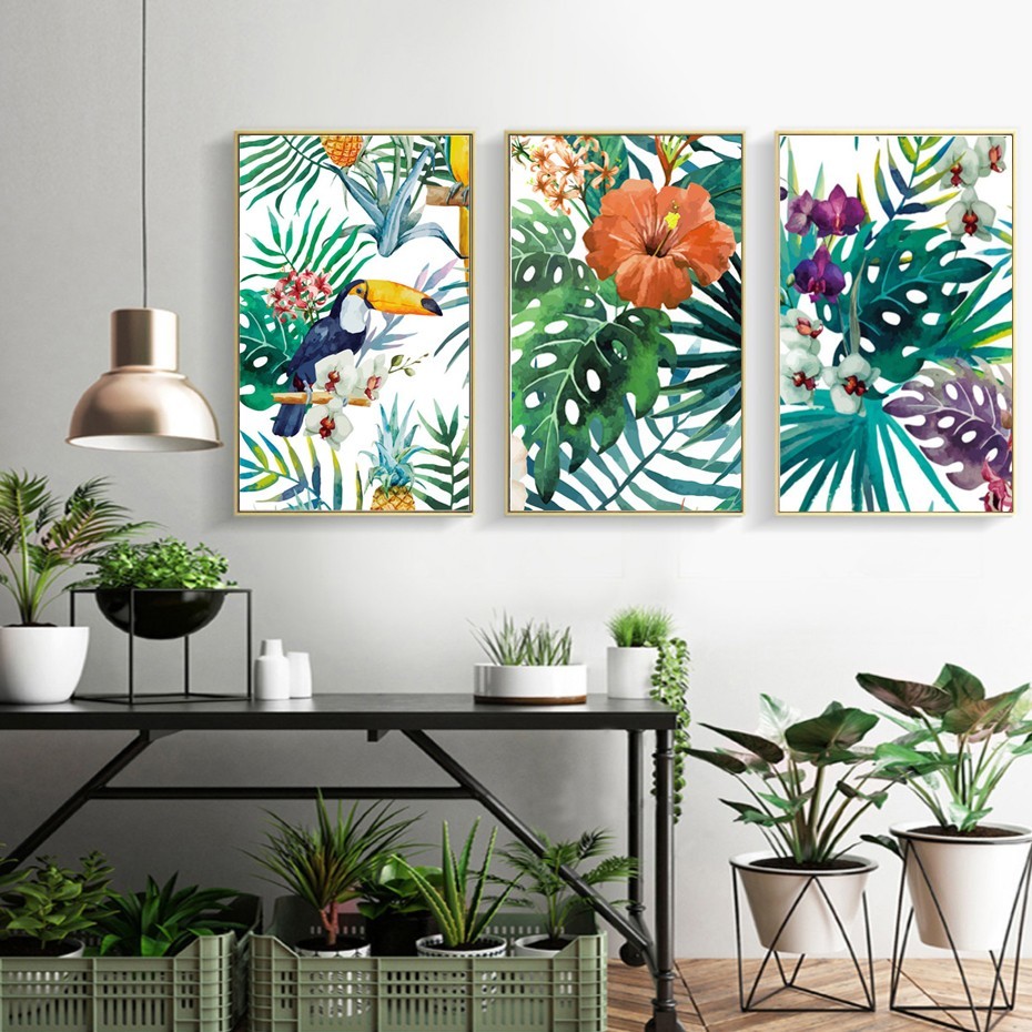 확실한 생활 상쾌한 우림 녹색 식물 앵무새 포스터 인쇄 나뭇잎 캔버스 인쇄 벽 예술 그림 거실 장식